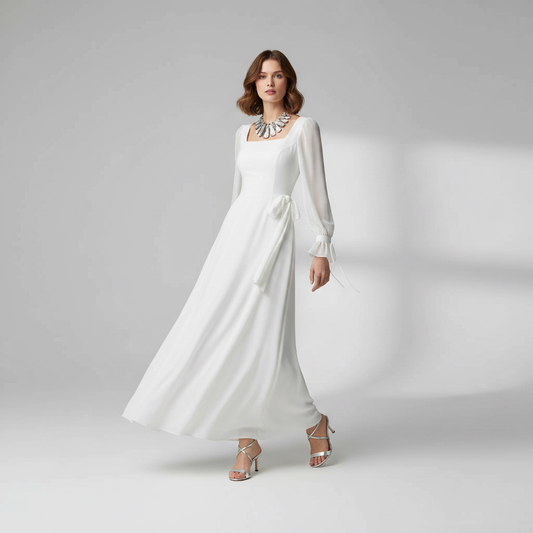 Elegante Bruiloftsgastjurk met Lange Mouwen | Maxi Jurk